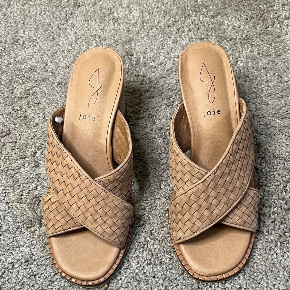 Joie Tan Criss Cross Woven Slide Block Heel Leather Sandals Size 7.5